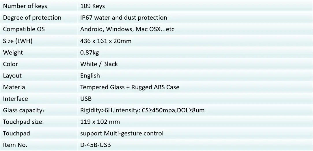 D45 USB Wired Medical Glass Keyboard IP67 Waterproof Touch Pad for Clinic Sickroom Interrogation Room