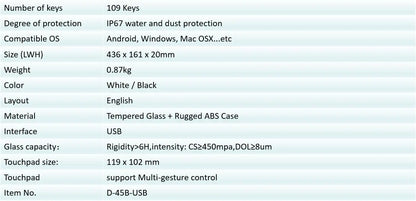 D45 USB Wired Medical Glass Keyboard IP67 Waterproof Touch Pad for Clinic Sickroom Interrogation Room