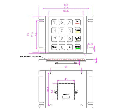 Metal Keypad Vandal Proof Rugged Panel Mount Stainless Steel Keyboard for Kiosk USB Industrial Keyboard With 16 Keys 4x4 Matrix