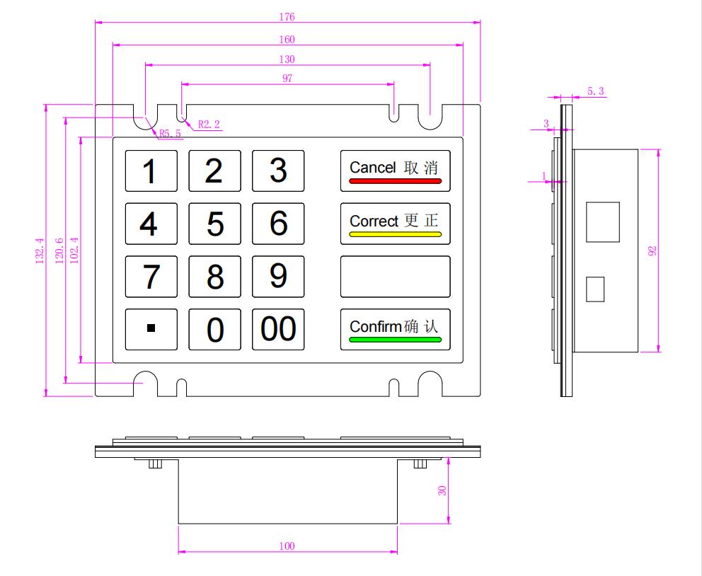 16 Key Button ATM Type Ruggedised IK07 Vandal-Resistant And Stainless Steel Kiosk Waterproof IP54 Metal Numeric Keypad