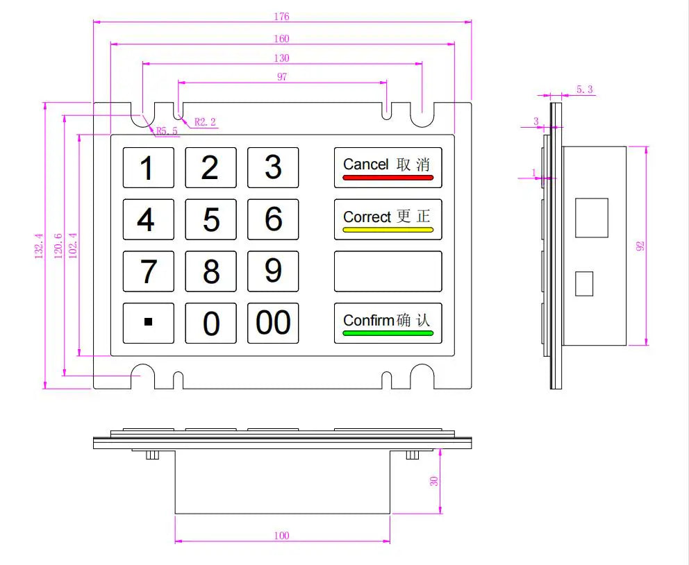 16 Key Button ATM Type Ruggedised IK07 Vandal-Resistant And Stainless Steel Kiosk Waterproof IP54 Metal Numeric Keypad