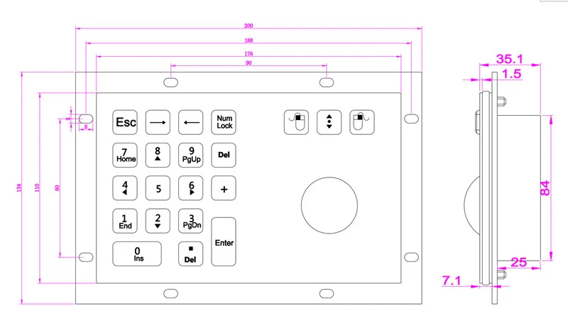 18 Keys Rugged Vandal-Proof Industrial Keyboard Metal Numeric Keypad With Trackball