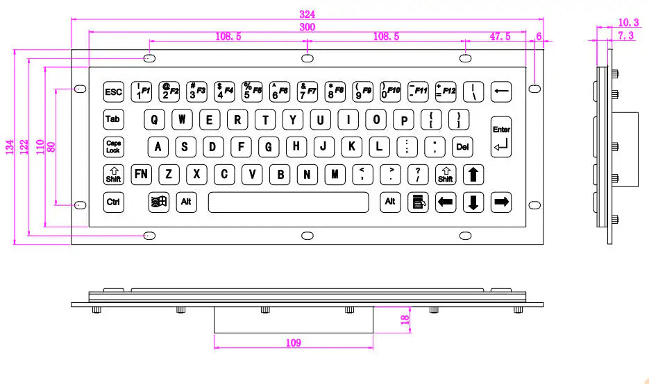 65 Keys Mini Compact Format IP65 Panel Mount Metal Keyboard With USB Port
