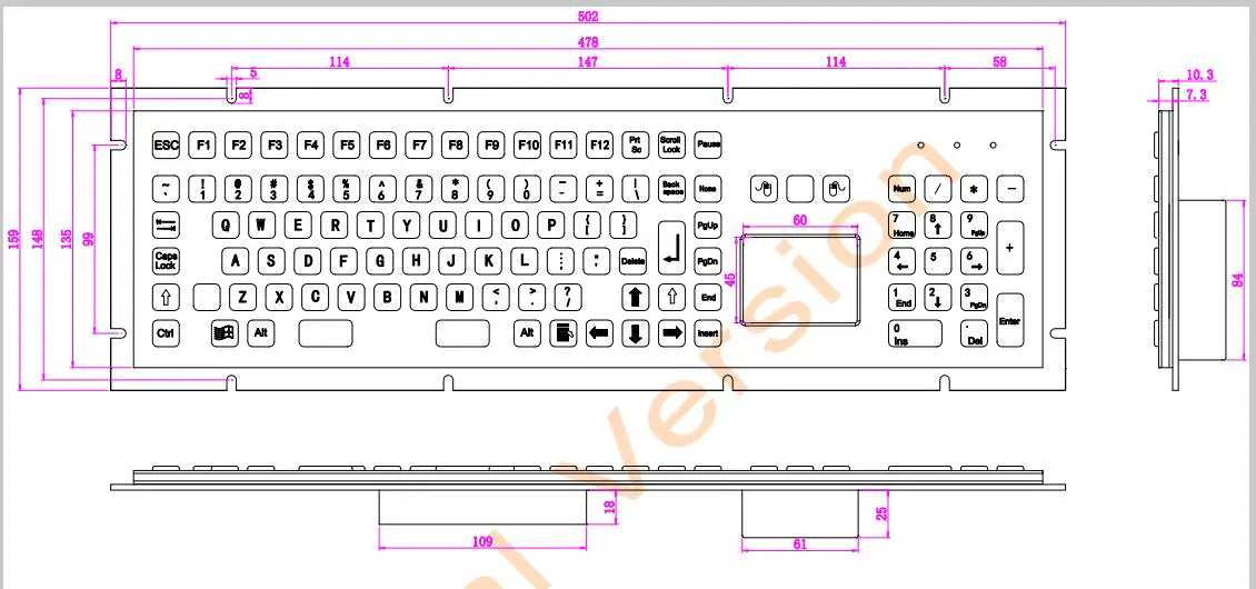 106Keys All-In-One IP65 Full Size Industrial Metal Kiosk Stainless Steel Touchpad Keyboard With Numeric Keypad For Laser Cutting