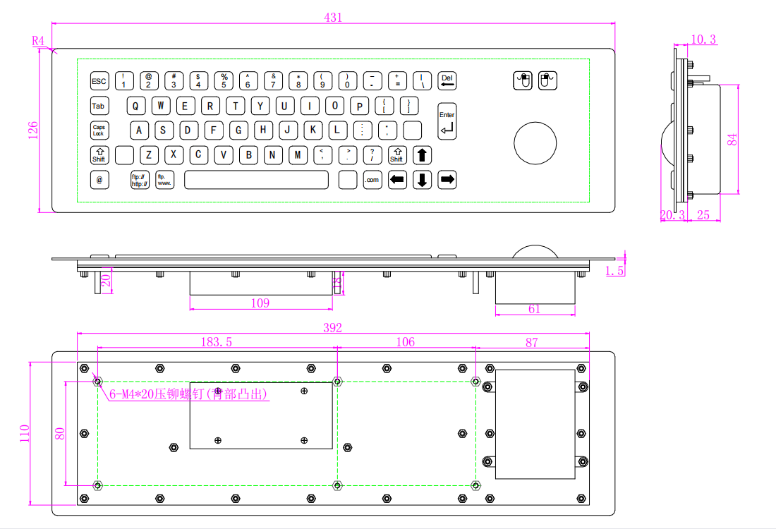 Customized IP65 Waterproof Metal Industrial Stainless Steel Rugged Keyboard With Trackball For CNC Machine