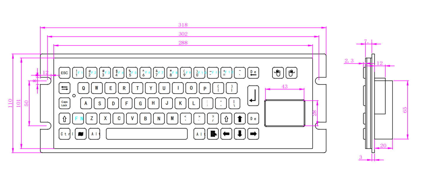 68Keys Compact Embedded IP65 Metal Industrial Stainless Steel Keyboard With Touchpad For Portable UAV ROV Operation Box