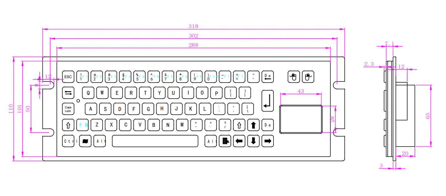 68Keys Compact Embedded IP65 Metal Industrial Stainless Steel Keyboard With Touchpad For Portable UAV ROV Operation Box