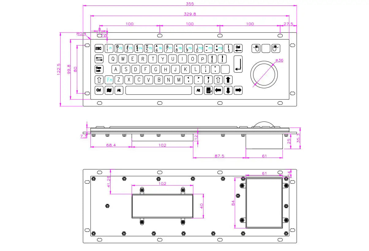 Black Industrial USB Keyboard With Mechanical Trackball Kiosk Metal Keypad