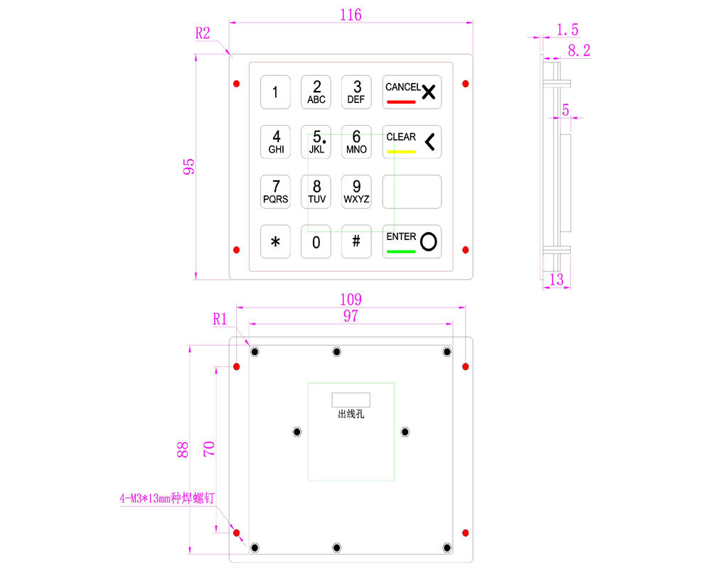 Clavier numérique industriel 4 x 4 en métal, 16 touches, antivandalisme, étanche IP65, rétroéclairage LED, USB