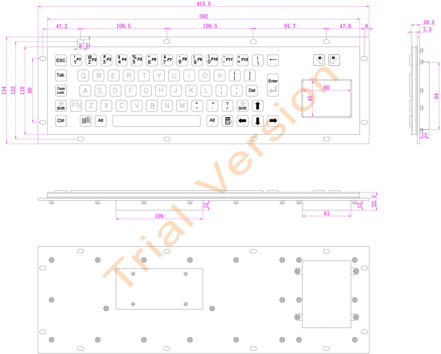 Panel Mount Waterproof IP65 Rugged Kiosk Wired USB PS2 Stainless Steel Metal Industrial Keyboard With Touchpad