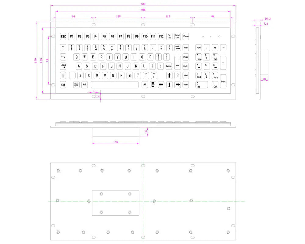 Industrial Metal Kiosk Full Size Computer Keyboard with Numeric Keypad Customizable Interface