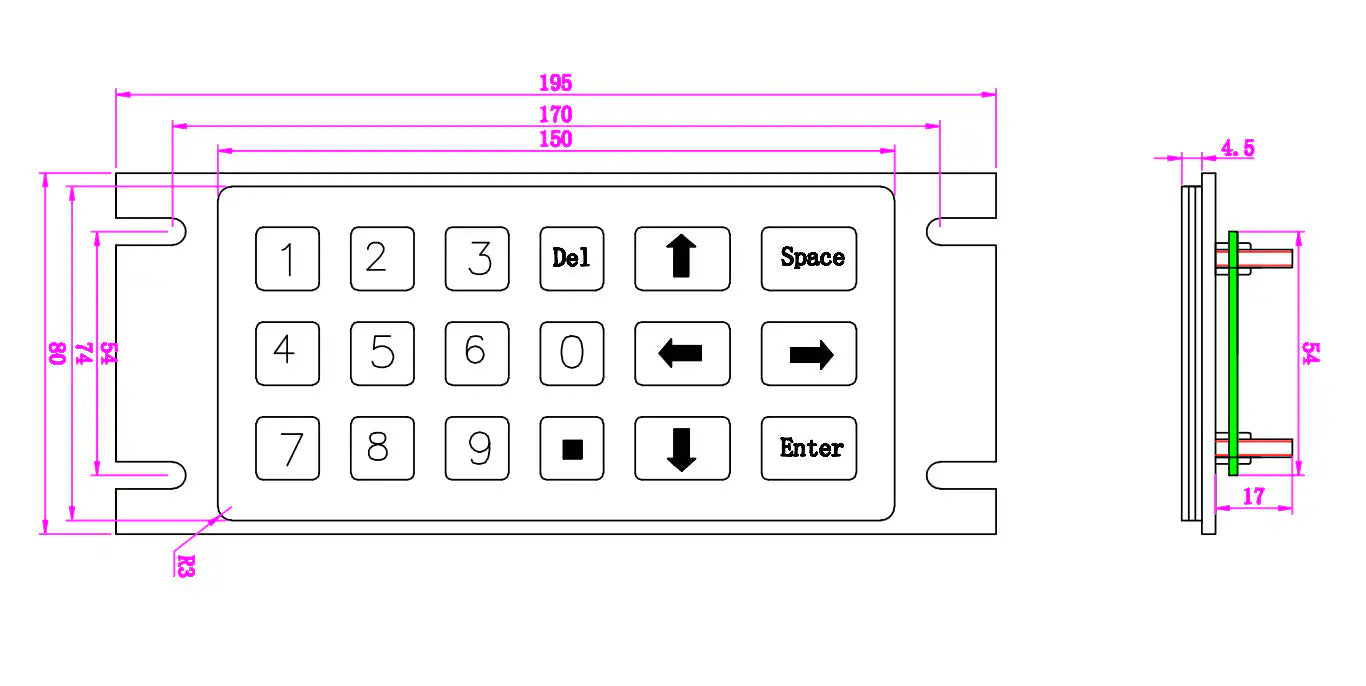 Clavier métallique robuste pour borne interactive, 18 touches numériques, antivandalisme, en acier inoxydable 304, personnalisable pour distributeur automatique.